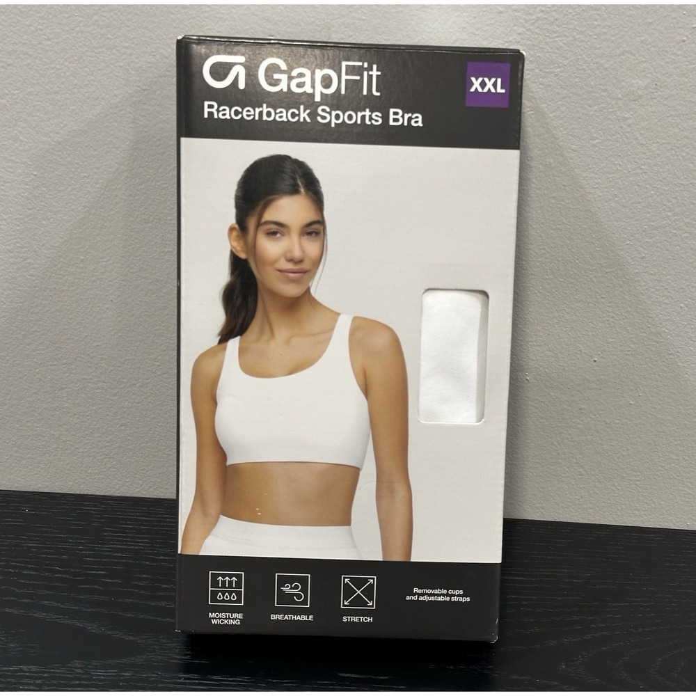 GapFit White Sports Bra XXL, Medium Support Racerback Wireless Pullover Full NEW